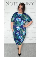 Kép 3/4 - marone, női hosszú buborék ruha, kék színű, trópusi minta, kerek nyak, ejtett váll, bújtatott zseb, molett, xxl, plussize