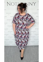 Kép 3/4 - marone, női hosszú buborék ruha, színes mozaik, kerek nyak, ejtett váll, bújtatott zseb, molett, xxl, plussize