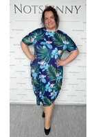 Kép 1/4 - marone, női hosszú buborék ruha, kék színű, trópusi minta, kerek nyak, ejtett váll, bújtatott zseb, molett, xxl, plussize