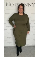 Kép 2/2 - taffi női sztreccs ruha, aszimmetrikus szabással, zsebbel, khaki szín