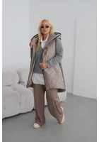Kép 1/3 - taffi női mellény  kapucnival, bézs, aptó minta, pöttyök, tyúkláb, zsebekkel, vagány, molett, plussize