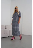 Kép 1/2 - taffi női maxi ruha gallérral, csíkos mintával. molett, xxl