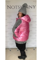 Kép 4/5 - rövid állású rózsaszín lakk kabát farmer betétekkel levehető kapucnival cipzár patent xl molett