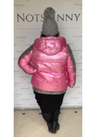 Kép 5/5 - rövid állású rózsaszín lakk kabát farmer betétekkel levehető kapucnival cipzár patent xl molett