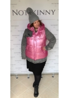 Kép 1/5 - rövid állású rózsaszín lakk kabát farmer betétekkel levehető kapucnival cipzár patent xl molett