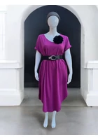 Kép 1/3 - taffi női lila ruha, v-nyak, rövid ujjak, kerekített, zsebek, molett, plus size