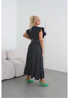 Kép 2/2 - taffi női fekete maxi ruha, fodros ujjak, gumis derék, molett, xxl