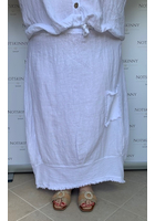 Kép 1/6 - len női molett hosszú szoknya fehér színben oldalt hosszabb gumis derék  elől zseb