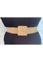 Kép 2/2 - trendi, nyári, teljesen gumis szalma női öv barna, nagy négyzet, kapcsos, molett, plus size, xxl, 