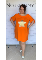Kép 1/5 - taffi női tunika, ruha, narancssárga, csillag minta, hátul hosszabb molett