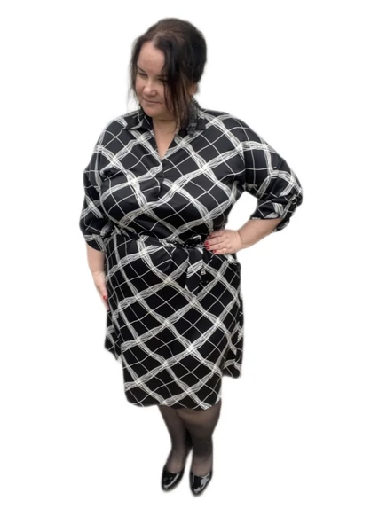 by kate női a-vonalú ruha, fekete, fehér rács, galléros, öves, molett, xxl