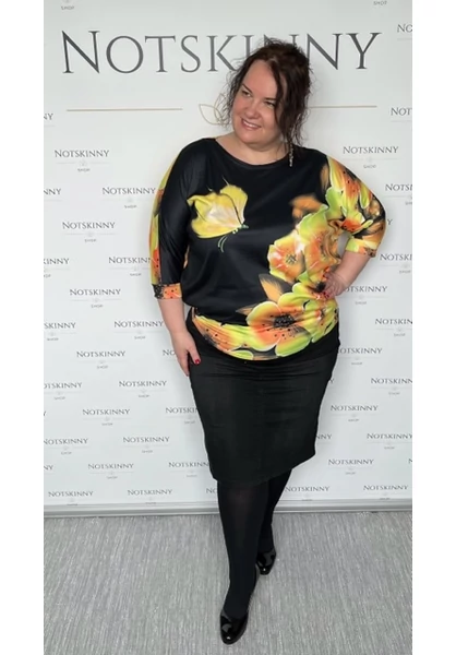 marone női felső, sárga,  pillangós, virágos, denevérujjak, pocaktakaró, xxl, molett