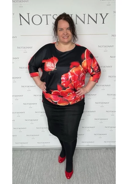 marone női felső, piros,  pillangós, virágos, denevérujjak, pocaktakaró, xxl, molett