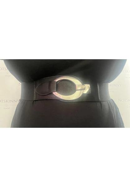 teljesen gumis öv, fekete, ezüst, ovális csat, kényelmes, nagy, molett, xxl