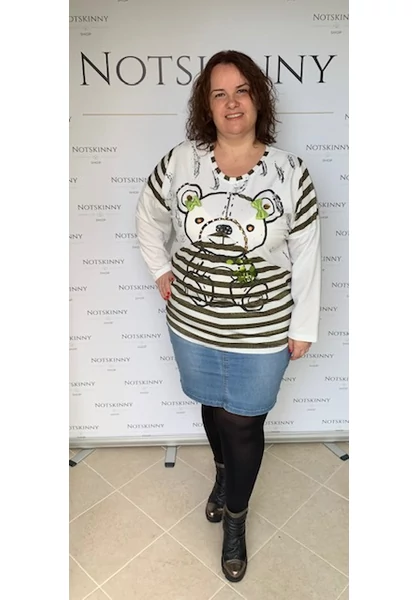 fehér női felső mackó mintával csillogós betétekkel kövekkel gyöngyökkel 44-46 