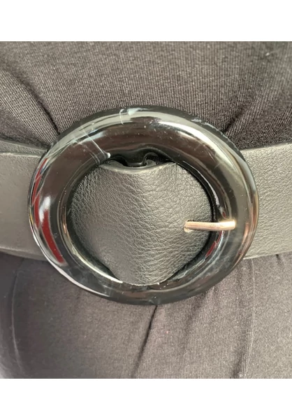 gumis női fekete öv, okobőr betét, kerek csat, molett, xxl, plussize