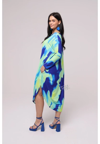 Taffi női hosszú buborék ruha, molett, xxl, kék, zöld elfolyós