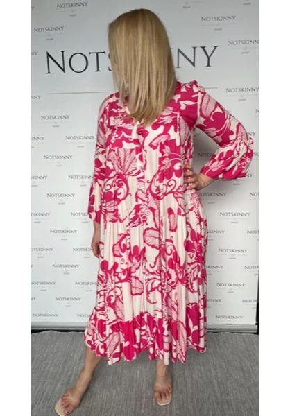 maxi ruha molett nagy plus size retro minta feher rozsaszin fodrok gombok