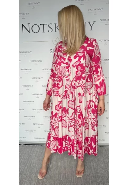 maxi ruha molett nagy plus size retro minta feher rozsaszin fodrok gombok
