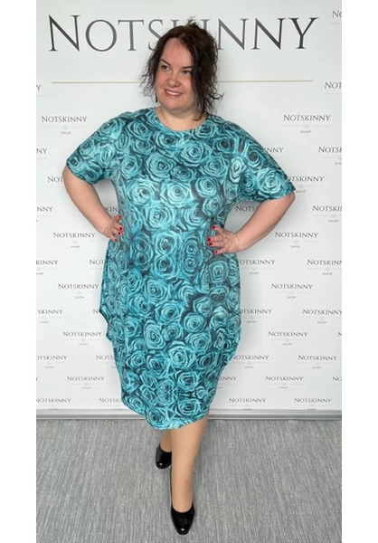 marone, női hosszú buborék ruha, türkiz rózsa, kerek nyak, ejtett váll, bújtatott zseb, molett, xxl, plussize