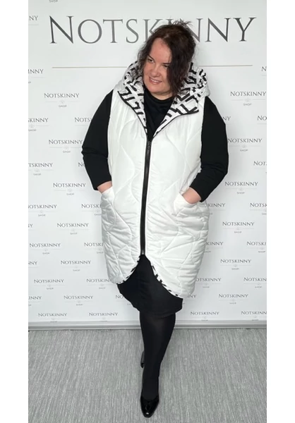 kifordítható, női mellény, kapucnival nagy méretben, fehér, és fekete mintás, molett, plussize, xxl, zsebekkel