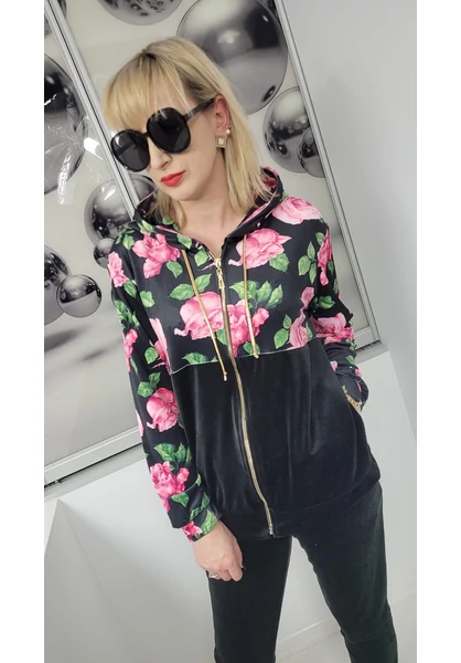 női szabadidő szett, kapucnival, nagy méret, fekete, pink rózsa minta, 2xl