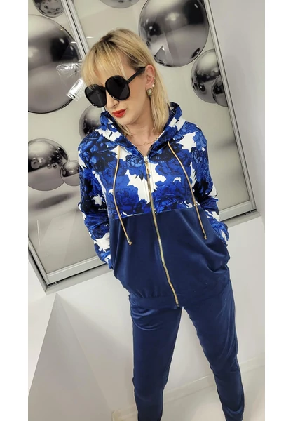 női szabadidő szett, kapucnival, nagy méret, sötétkék, rózsa minta, 2xl