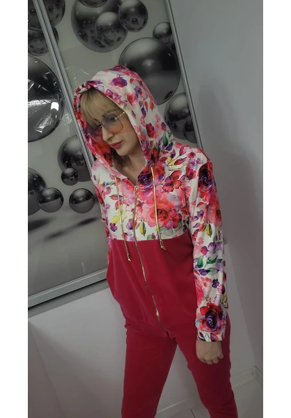 női szabadidő szett, kapucnival, nagy méret, fukszia, rózsa minta, 2xl