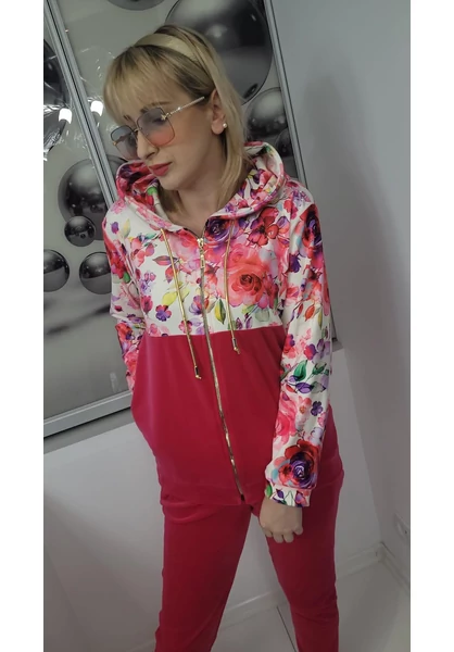 női szabadidő szett, kapucnival, nagy méret, fukszia, rózsa minta, 2xl