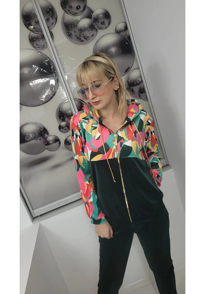 női szabadidő szett, kapucnival, nagy méret, méregzöld, absztrakt minta, 2xl