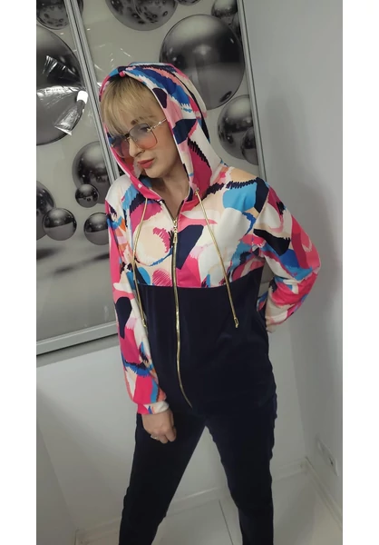 női szabadidő szett, kapucnival, nagy méret, sötétkék, absztrakt minta, 2xl