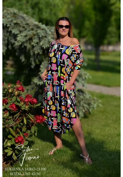 sasha ferrano lengyel, női, hosszú buborek ruha, klasszikus, vidám, színes minta