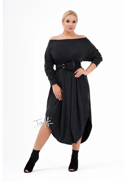 Taffi női hosszú buborék ruha angórával sötétszürke, kerek nyak, xxl, molett, plussize