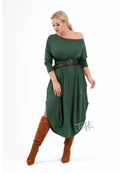 taffi női angóra ruha buborékfazonban, sötétzöld, két zseb, kerek nyak, pihe-puha, molett, xxl, plussize