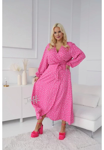 taffi női maxi ruha, pöttyös pink színű, megkötővel, molett, xxl