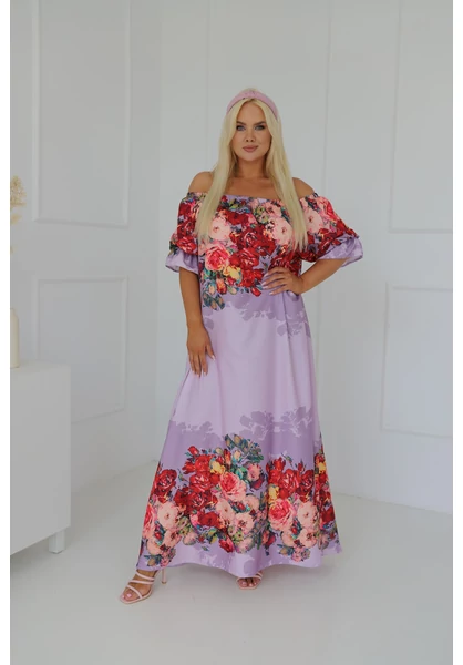 taffi csodszép maxi ruha, halvány lila árnyék, piros rózsák, szalag, hosszú, molett, plussize