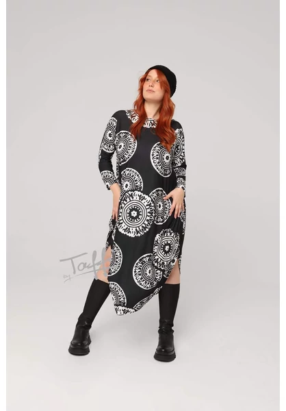 taffi női hosszú buborék ruha, fekete, fehér mandala, hűvös, molett, xxl