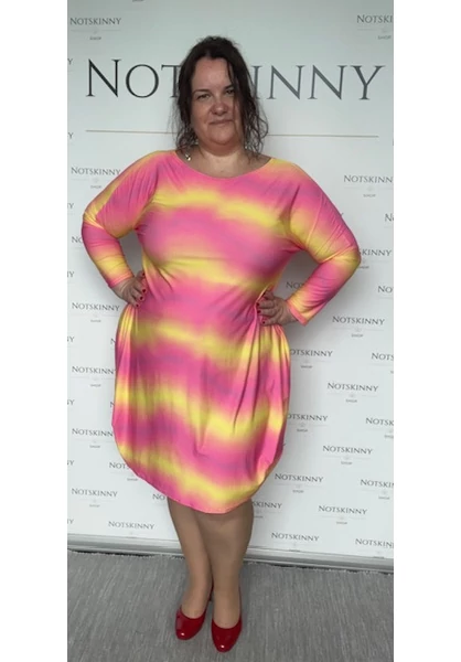 taffi női rövid buborék ruha, színes hullámok. pink és narancs molett, xxl, csodaszép
