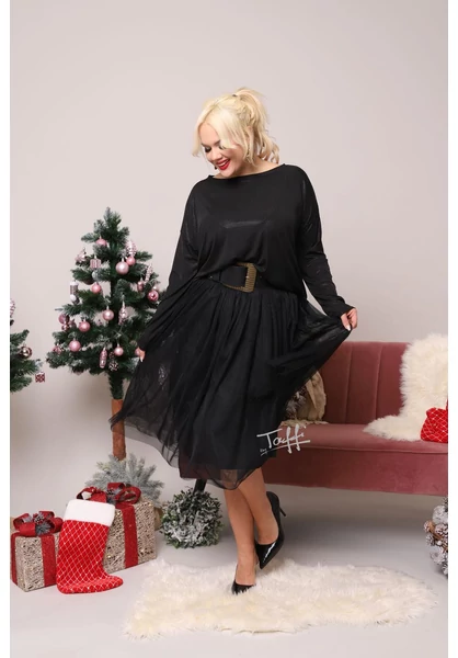 taffi női fekete dupla soros tüllszoknya, nagyon gumis derékkal, molett, plussize, xxl
