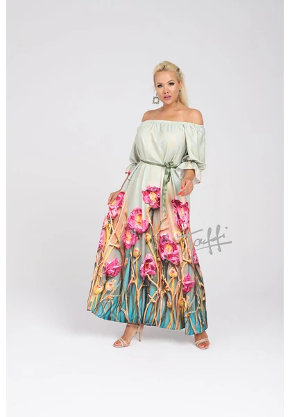 taffi csodalatos maxi ruha zöld, pink virágok, 3d, molett, xxl, lengyel