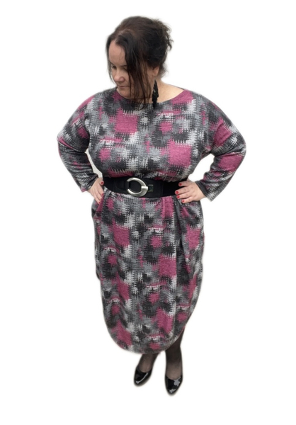 taffi női hosszú buborék ruha, cérnakötött, pink és szürke kocka, molett, xxl