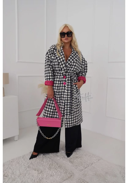 taffi női barbie kabát, pink bélés és gombok, csodaszép, tyúklábminta, fekete-fehér