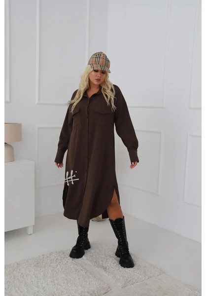 taffi női ingruha, melegbarna, két zseb, gallér, molett, xxl