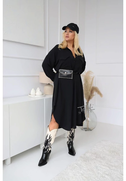 taffi női fekete ingruha, gallérok, elől zseb, molett, xxl