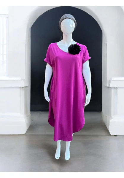taffi női lila ruha, v-nyak, rövid ujjak, kerekített, zsebek, molett, plus size