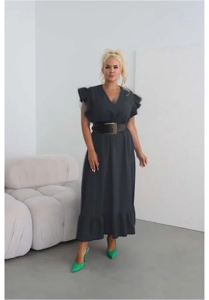 taffi női fekete maxi ruha, fodros ujjak, gumis derék, molett, xxl