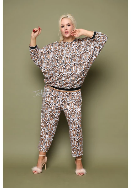 taffi női szabadidő szett, nagy méret, ülepes nadrág, barna, fehér, gucci, molett, xxl, plusszie