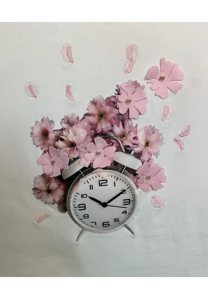 nagy méretű női fehér póló, felső, pink 3D-s virágokkal, órával, molett, plussize