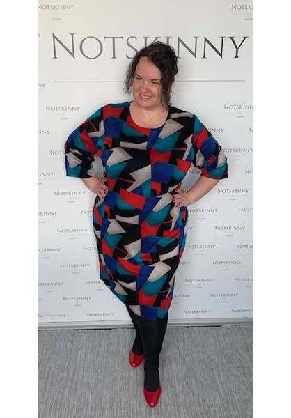 finomkötött, kockás, geometria, színes, nagy méretű, női ruha, zsebek nélkül, piros, kék, xxl, plussize