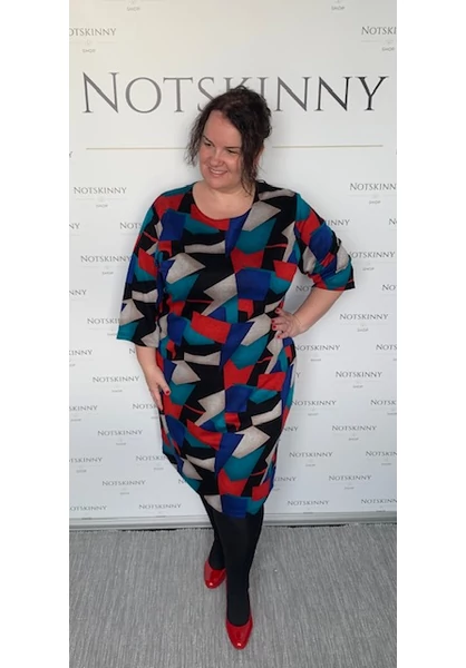 finomkötött, kockás, geometria, színes, nagy méretű, női ruha, zsebek nélkül, piros, kék, xxl, plussize